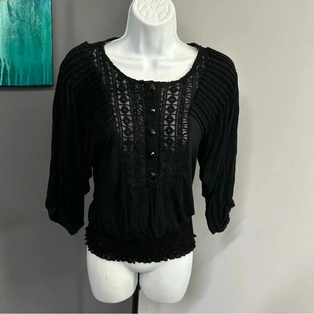 Women's Small Black Top Y2K Puff Sleeve Smocked Waist Buttons Crochet Whimsigoth